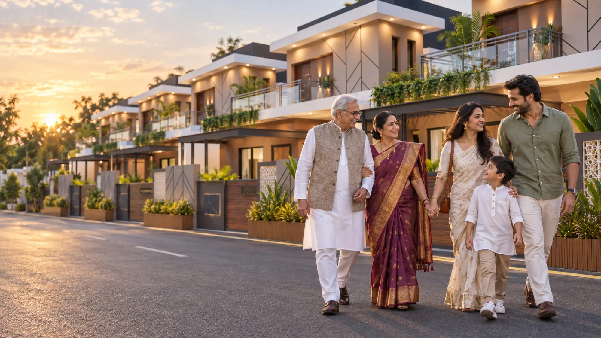 A contemporary Maharashtrian family outside Deccan Imperia row bungalows in Pandharpur