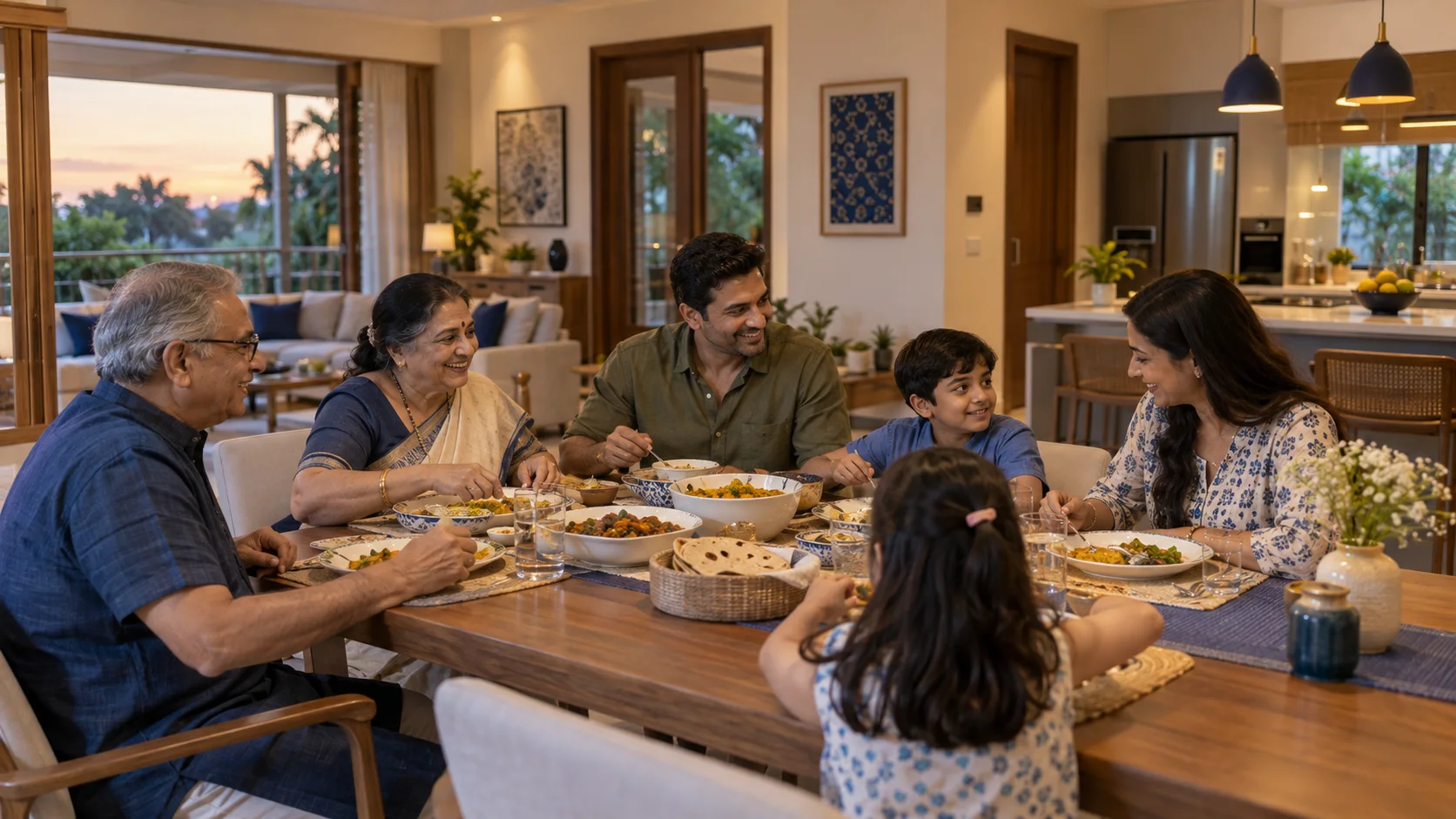 A multigenerational Maharashtrian family sharing dinner in an open-plan Deccan Imperia home