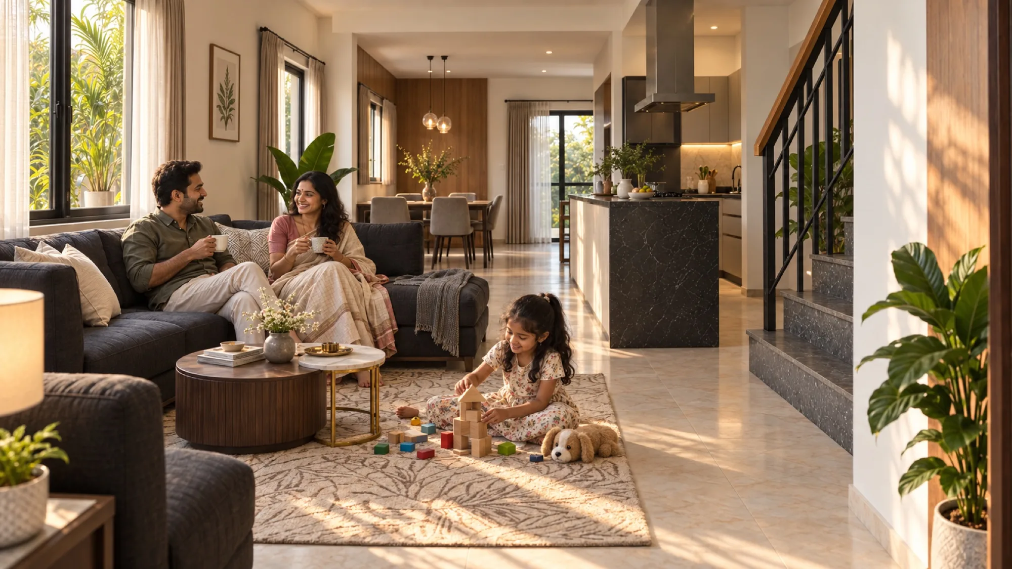A contemporary Maharashtrian family in a Deccan Imperia living room