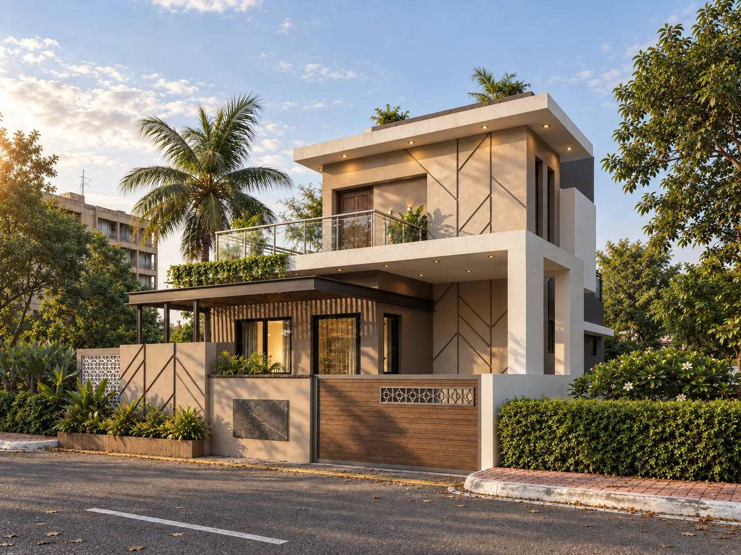 The corner villa from a three-quarter angle, balcony and pergola