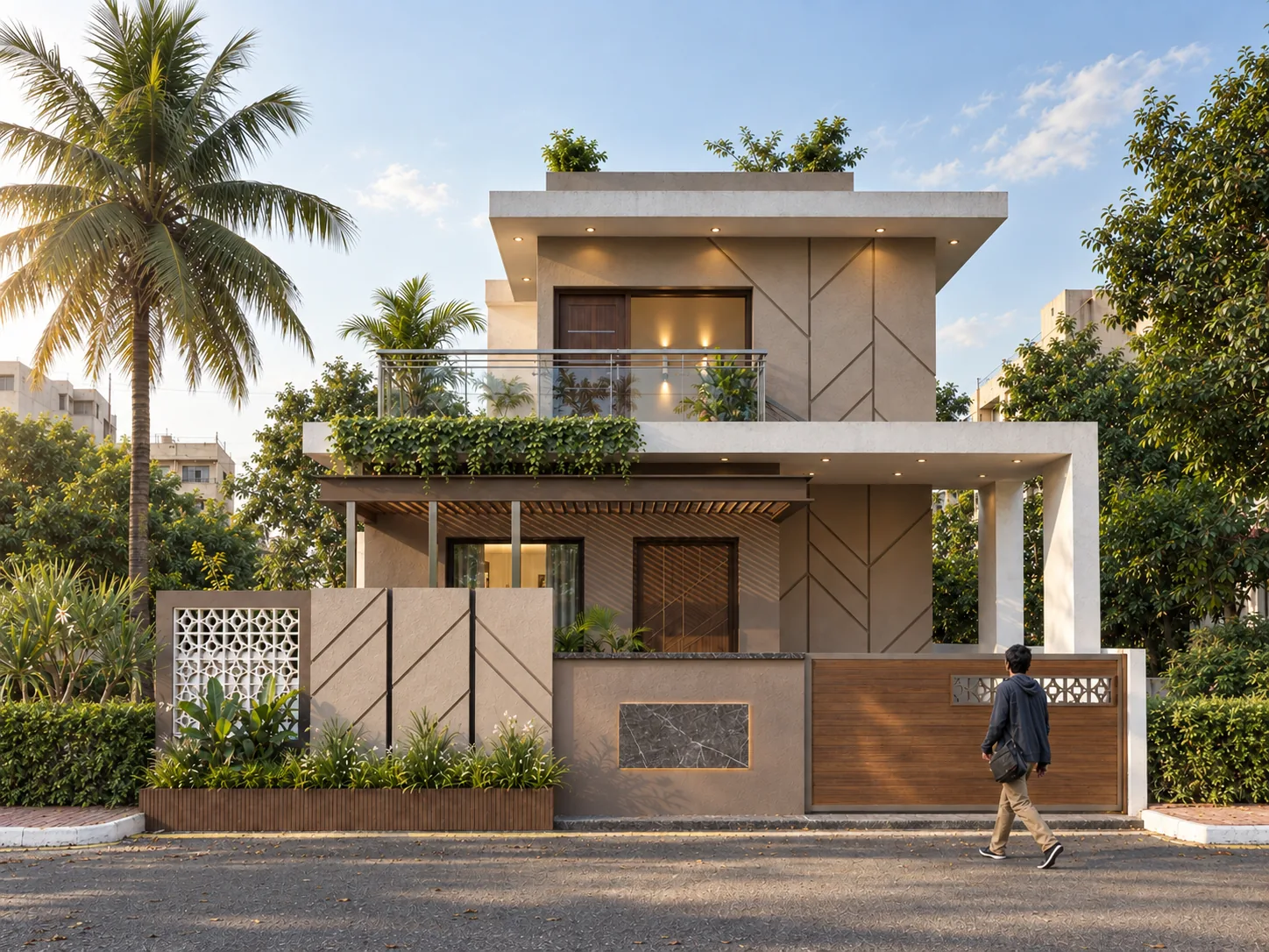 The villa front: jali screen, timber gate, pergola and glazed balcony