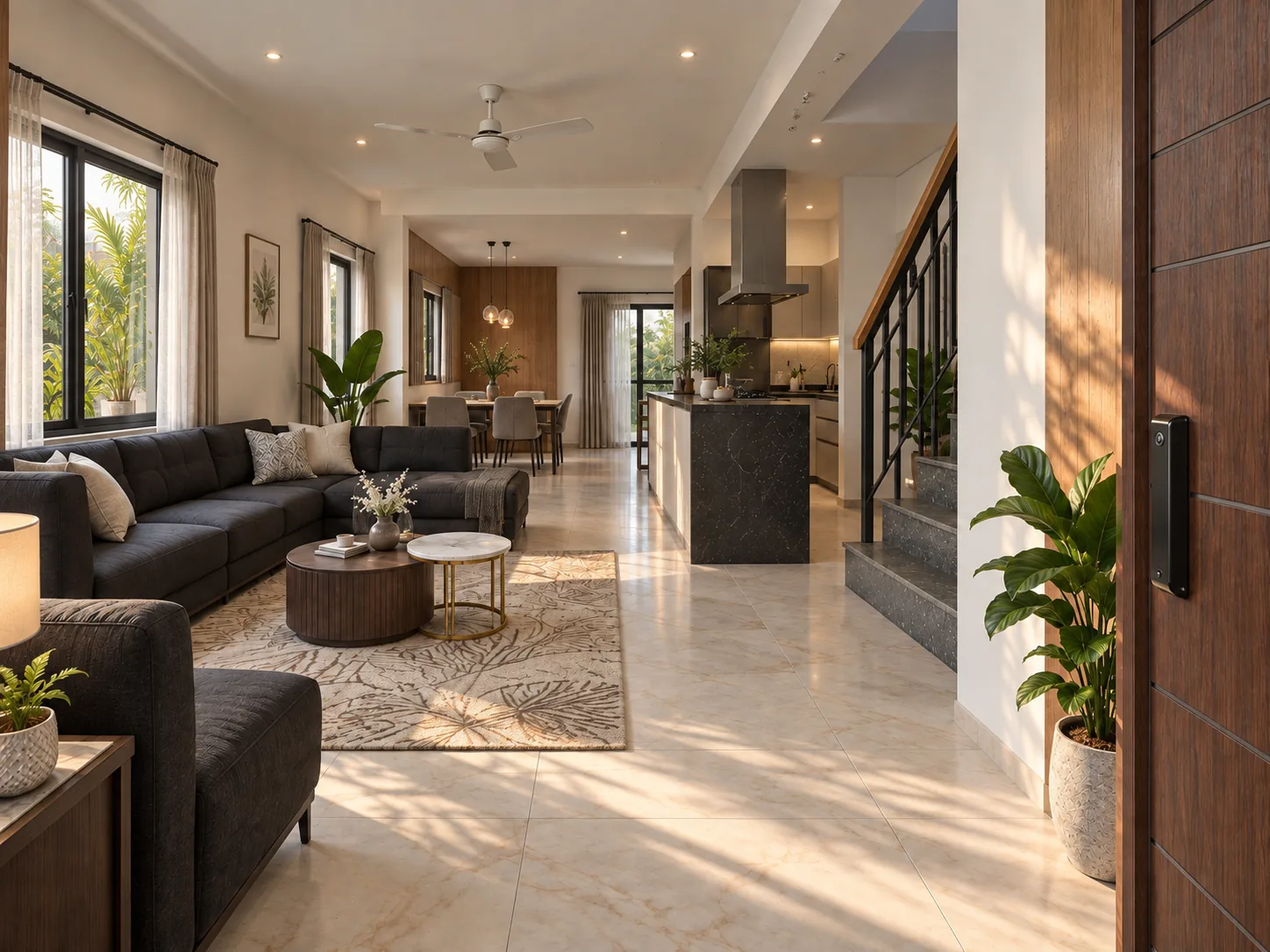 Living room with the kitchen, dining area and stairs beyond